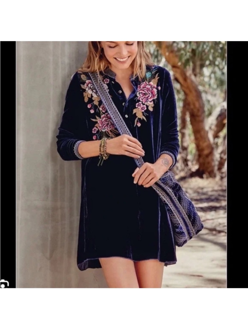 Johnny Was Quito embroidered Navy Velvet Mini Dress
